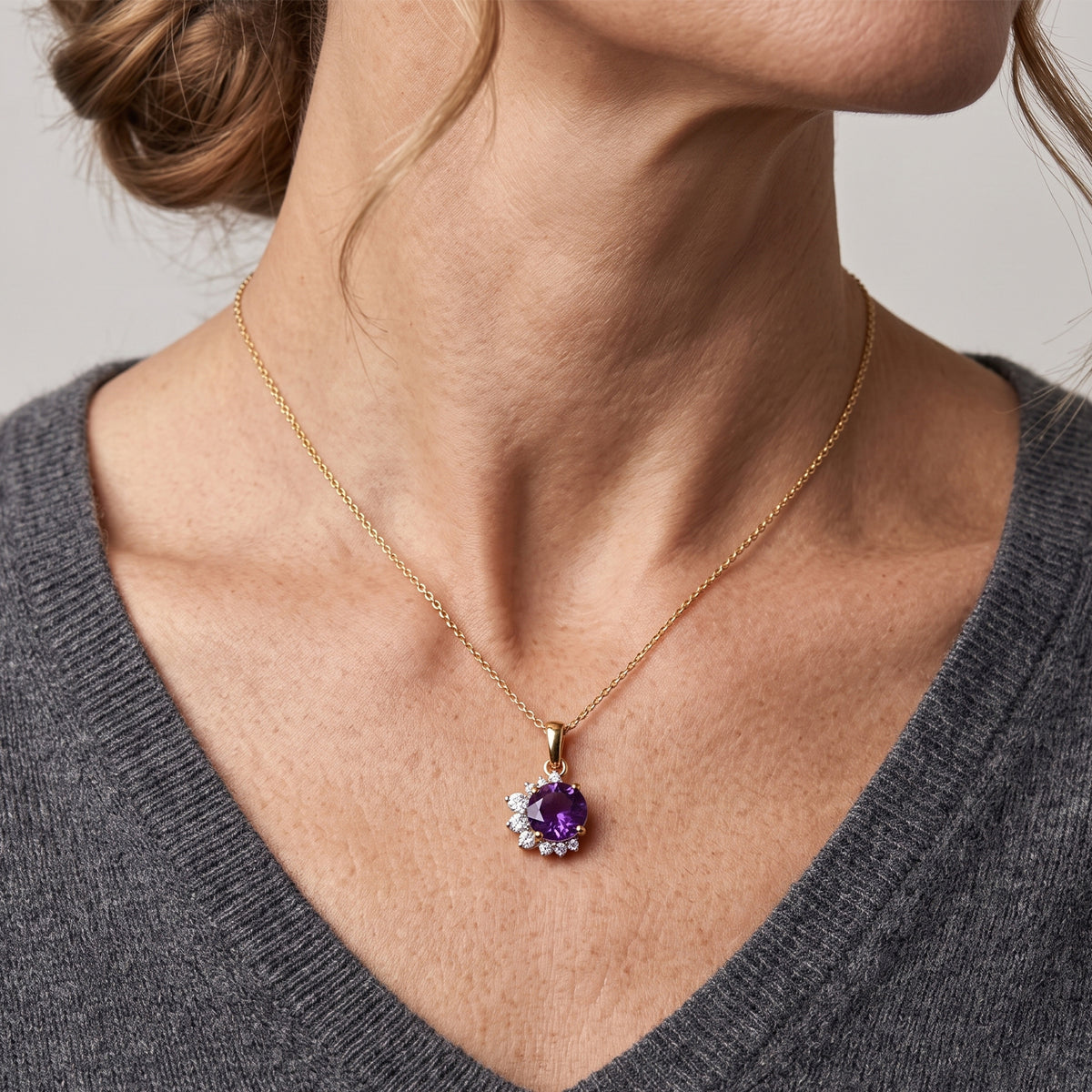 D'Joy - Natural Moroccan Amethyst &amp; White Zircon Pendant with Chain (Size 20) in Yellow Gold Plated Sterling Silver 1.70 Ct. V32514024 2