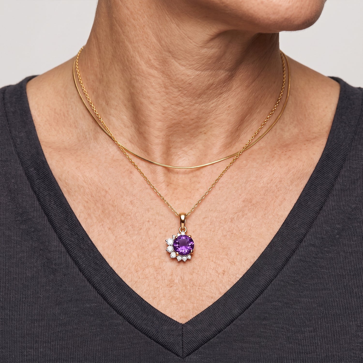 D'Joy - Natural Moroccan Amethyst &amp; White Zircon Pendant with Chain (Size 20) in Yellow Gold Plated Sterling Silver 1.70 Ct. V32514024 3
