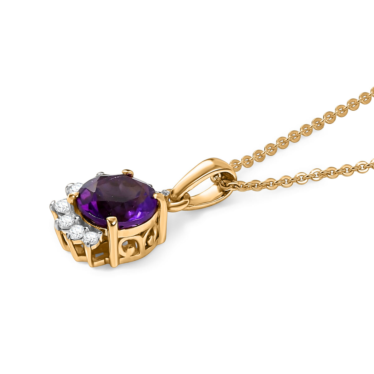 D'Joy - Natural Moroccan Amethyst &amp; White Zircon Pendant with Chain (Size 20) in Yellow Gold Plated Sterling Silver 1.70 Ct. V32514024 4