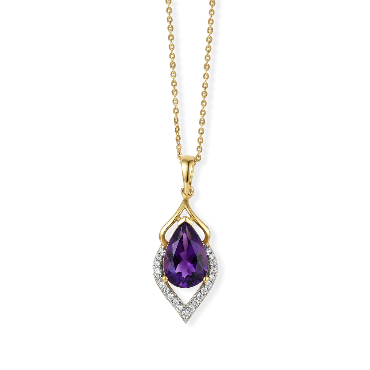 D'Joy - Natural Moroccan Amethyst &amp; White Zircon Drop Pendant with Chain (Size 20) in Yellow Gold Plated Sterling Silver 3.00 Ct. V32519826 0