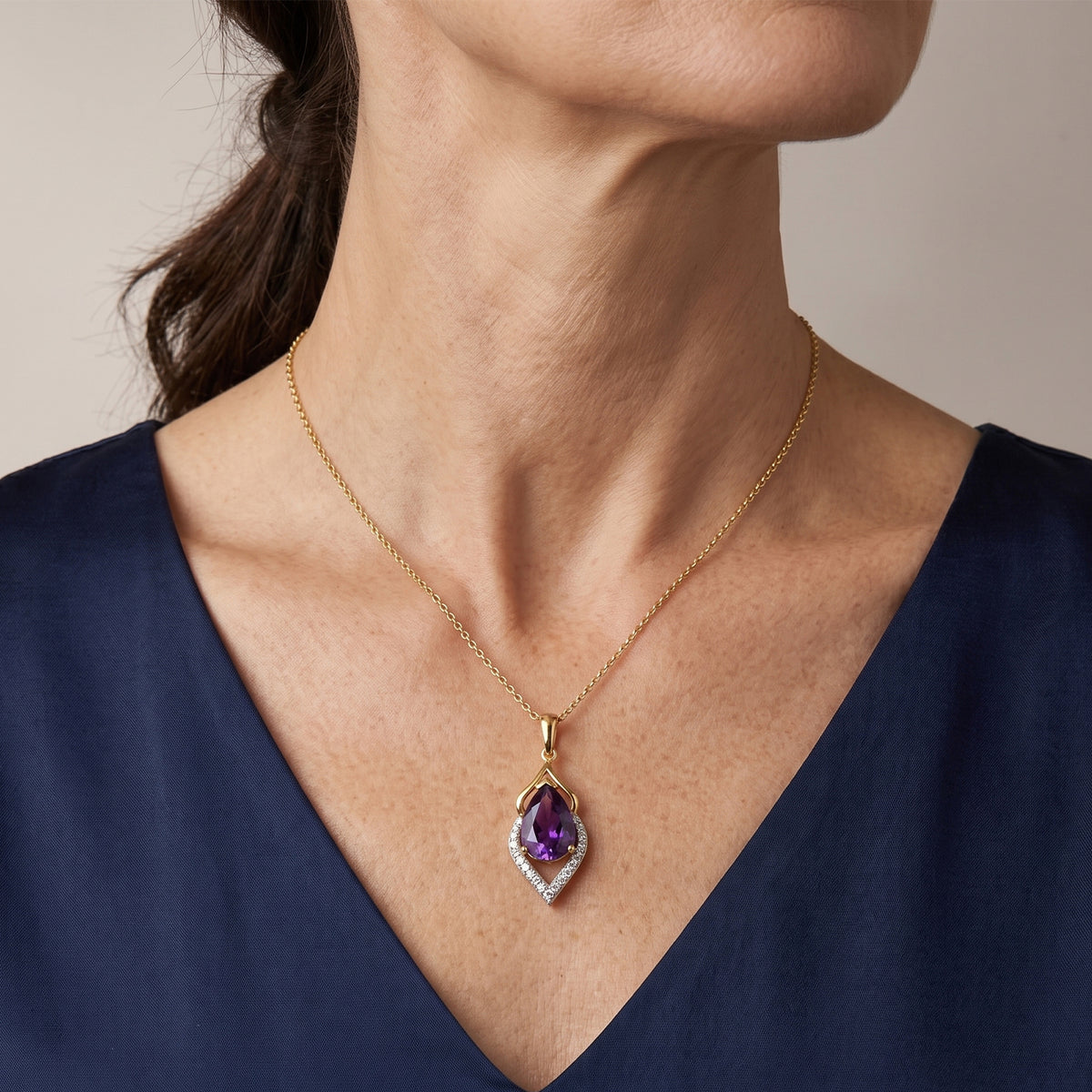 D'Joy - Natural Moroccan Amethyst &amp; White Zircon Drop Pendant with Chain (Size 20) in Yellow Gold Plated Sterling Silver 3.00 Ct. V32519826 2