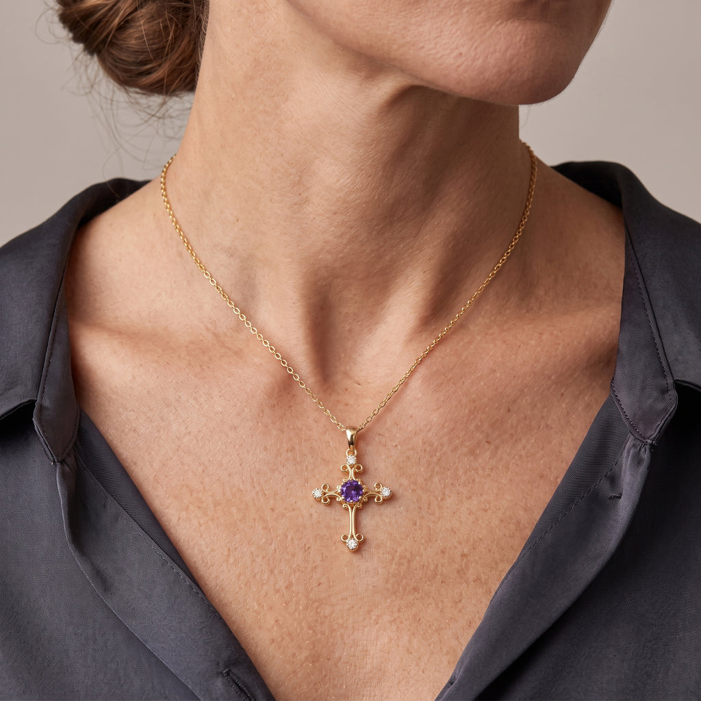 D'Joy - Moroccan Amethyst & White Zircon Pendant with Chain (Size 20) in Yellow Gold Plated Sterling Silver 1.60 Ct._4490851_1