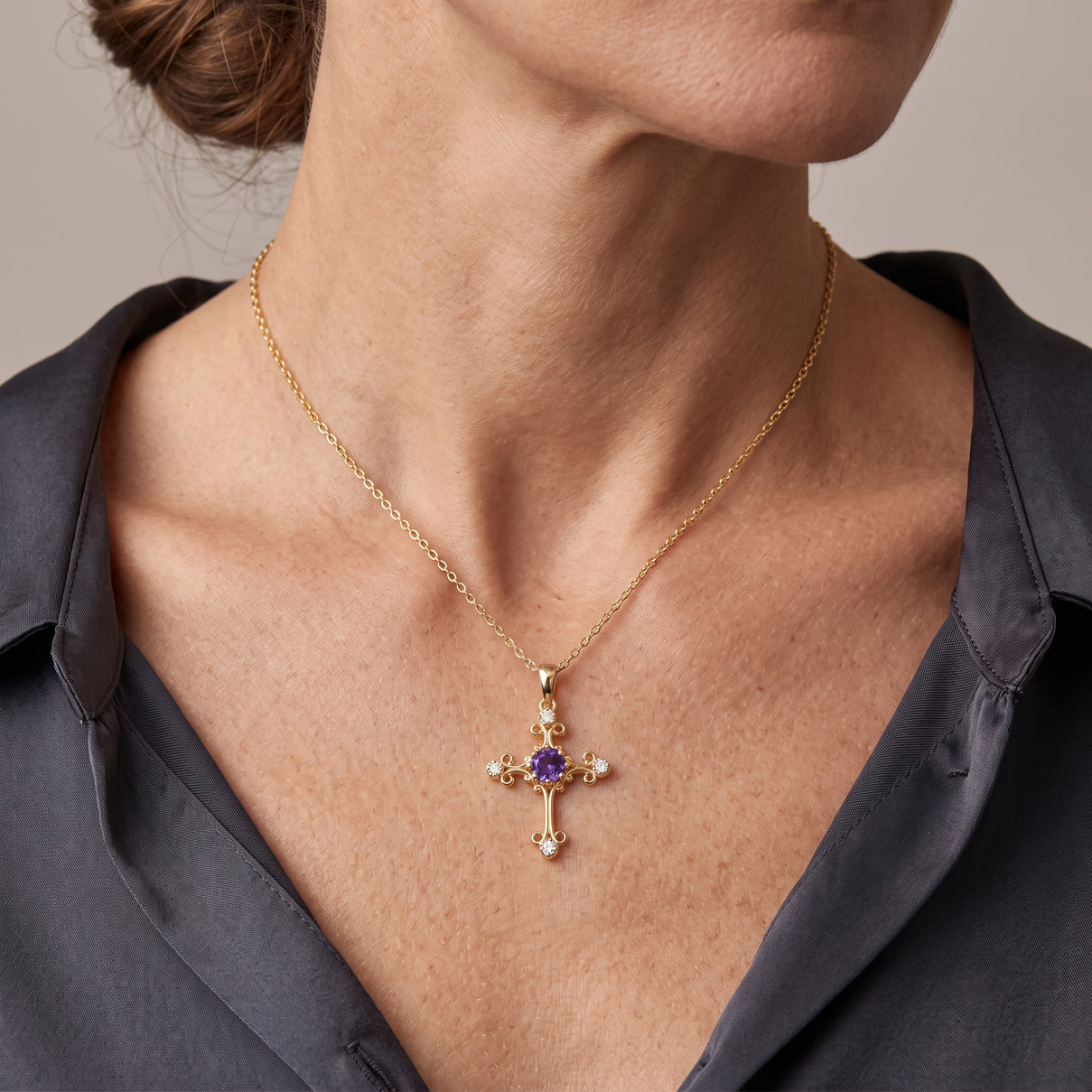 D'Joy - Natural Moroccan Amethyst &amp; White Zircon Cross Pendant with Chain (Size 20) in Yellow Gold Plated Sterling Silver 1.60 Ct. 4490851 2