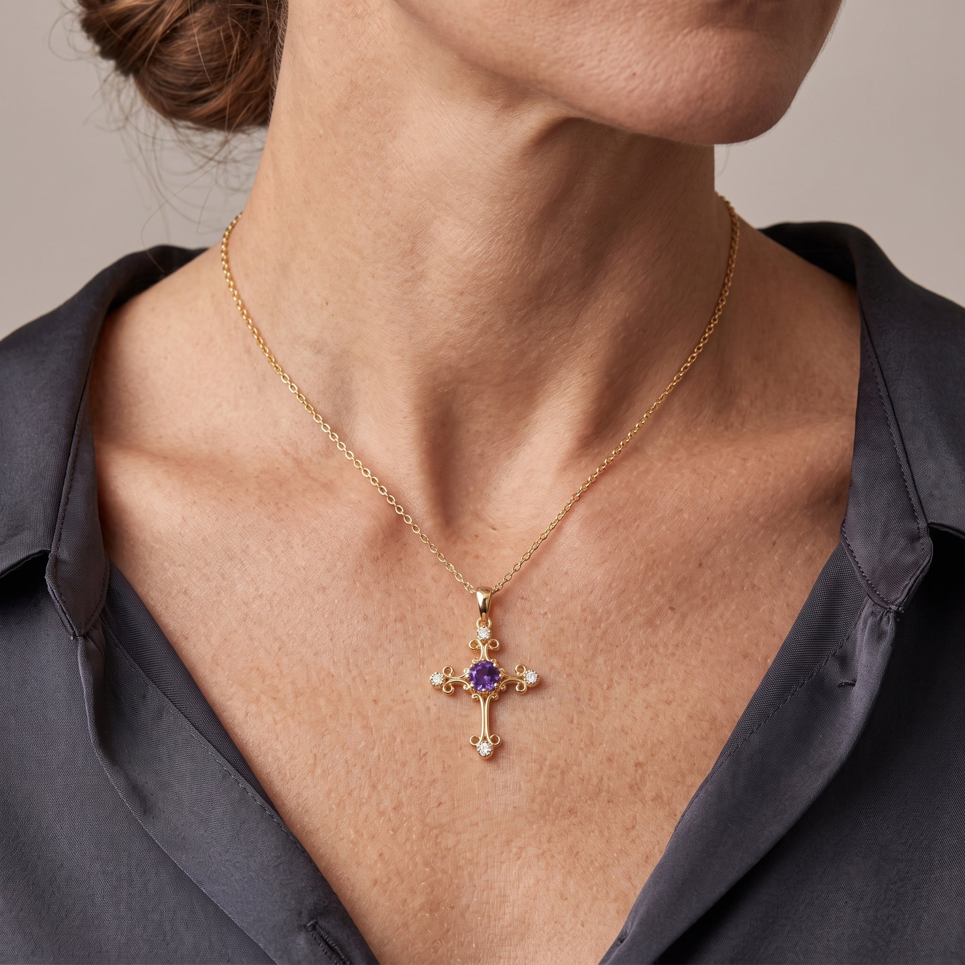 D'Joy - Natural Moroccan Amethyst &amp; White Zircon Cross Pendant with Chain (Size 20) in Yellow Gold Plated Sterling Silver 1.60 Ct. 4490851 2