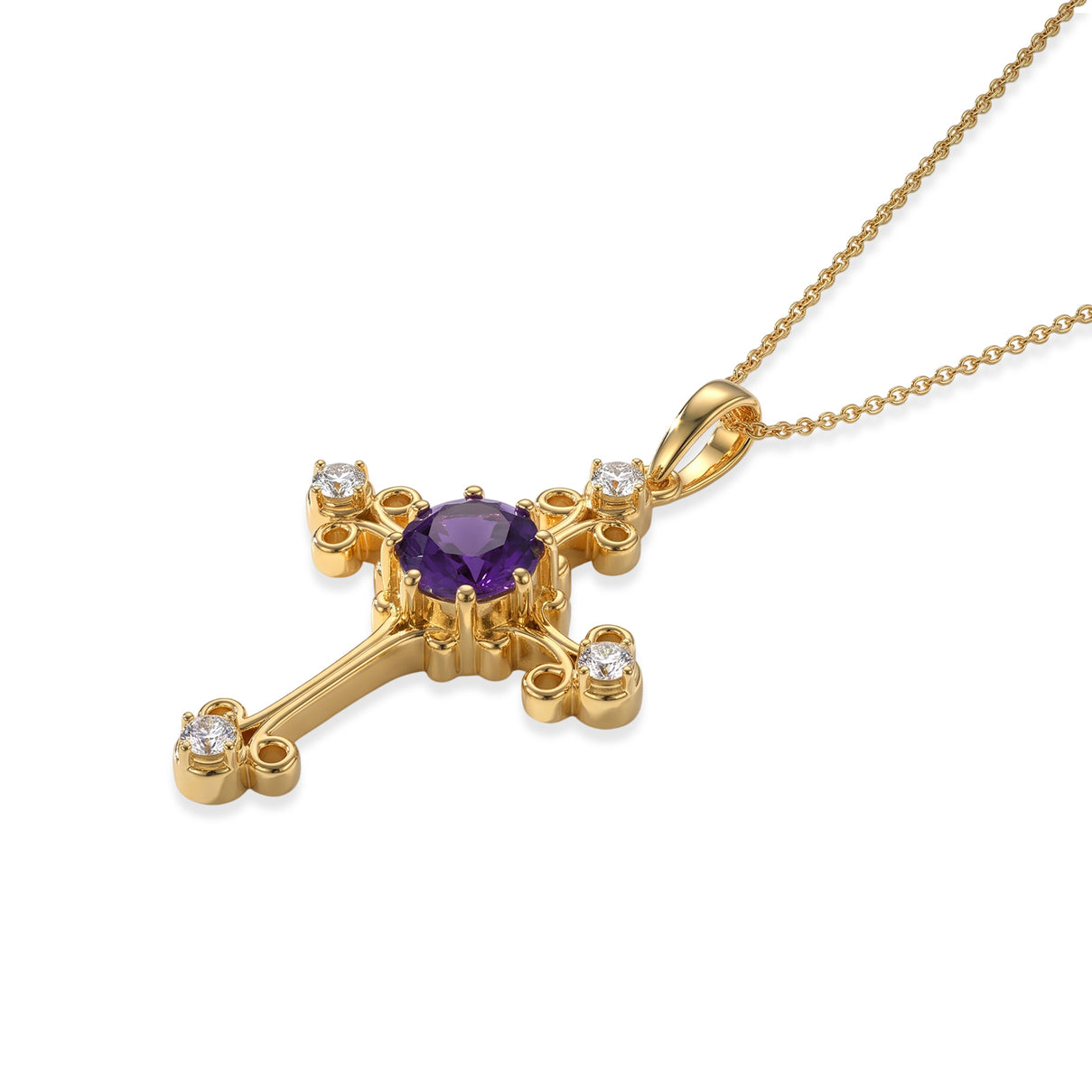 D'Joy - Natural Moroccan Amethyst &amp; White Zircon Cross Pendant with Chain (Size 20) in Yellow Gold Plated Sterling Silver 1.60 Ct. 4490851 4