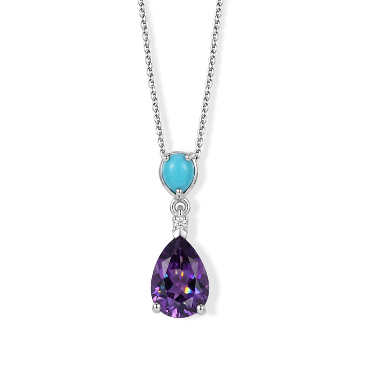 D'Joy - Natural Moroccan Amethyst, Sleeping Beauty Turquoise &amp; White Zircon Drop Pendant with Chain (Size 20) in Platinum Overlay Sterling Silver 2.06 Ct. 4490852 1
