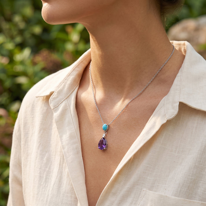 D'Joy - Natural Moroccan Amethyst, Sleeping Beauty Turquoise &amp; White Zircon Drop Pendant with Chain (Size 20) in Platinum Overlay Sterling Silver 2.06 Ct. 4490852 2