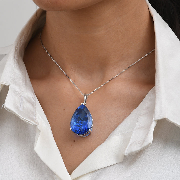 Heart of the Ocean-  Ceylon Color Quartz Pear Cut Solitaire Pendant with Chain (Size 20) in Rhodium Overlay Sterling Silver 50.30 Ct. 4490868 2