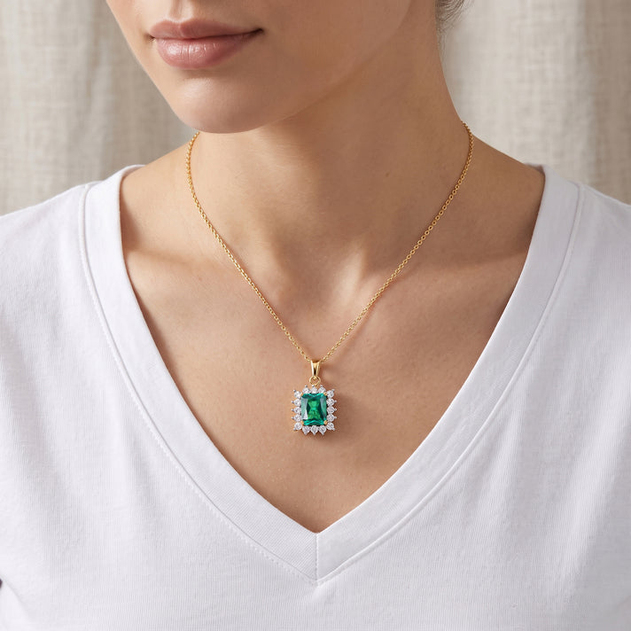 Lab Grown Columbian Emerald &amp; Lab Grown Diamond (SI-G-H) Halo Pendant with Chain (Size 20) in 18K Vermeil Yellow Gold Plated Sterling Silver 2.80 Ct. 4491029 2
