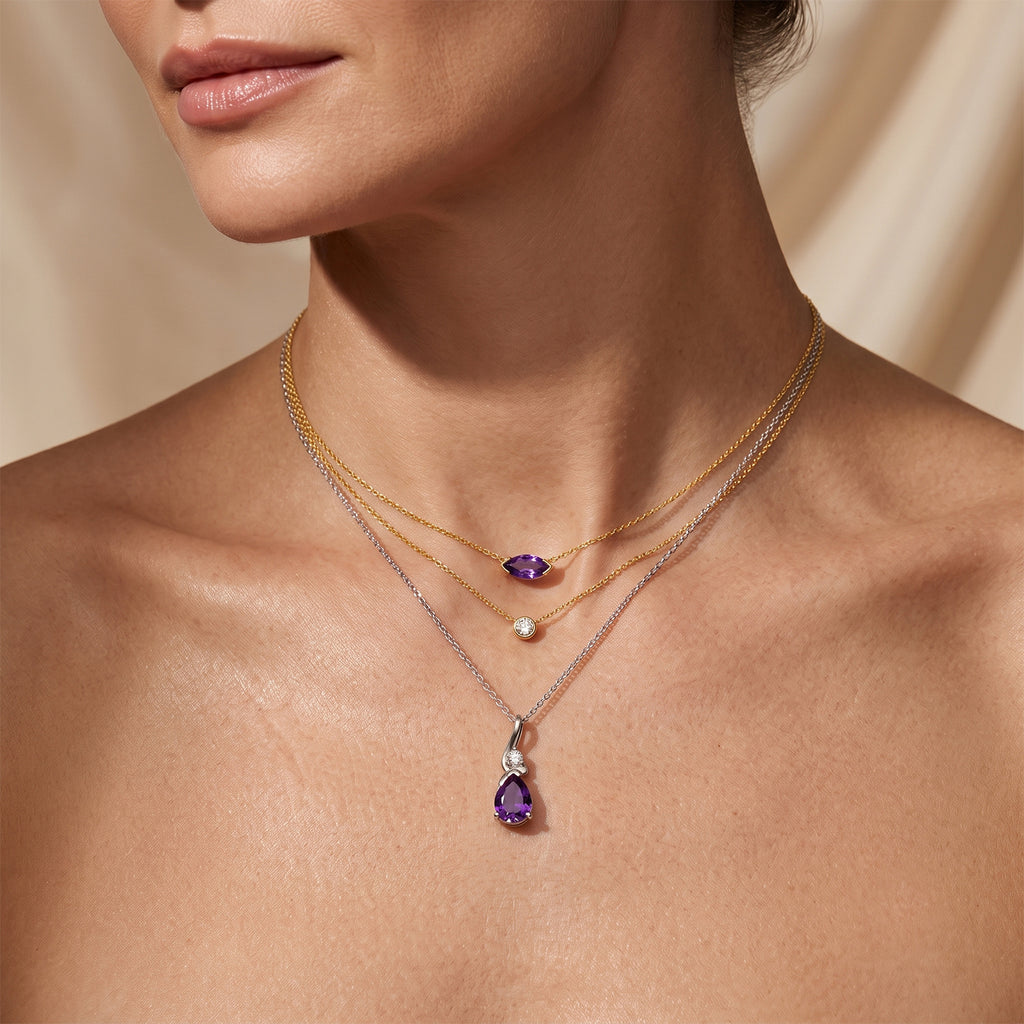 D'Joy - Natural Moroccan Amethyst & White Zircon Drop Pendant with Chain (Size 20) in Platinum Overlay Sterling Silver 1.08 Ct._4491199_2