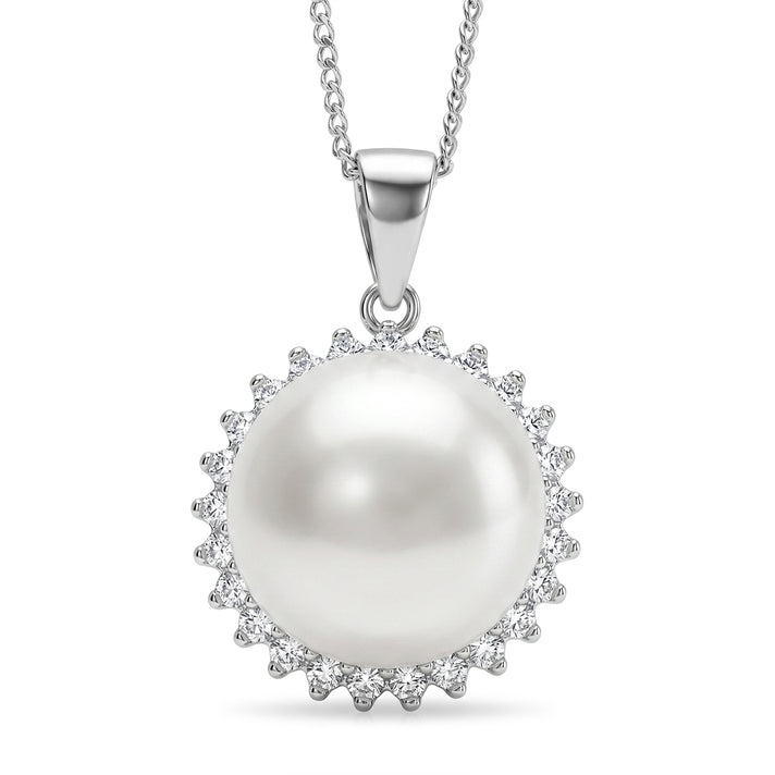 D'Joy - AAA White Edison Pearl (12-13mm) &amp; Lab Grown Diamond Halo Pendant with Chain (Size 18) in Rhodium Overlay Sterling Silver 13.90 Ct. 4491858 1