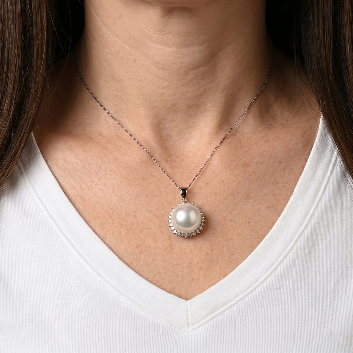 D'Joy - AAA White Edison Pearl (12-13mm) &amp; Lab Grown Diamond Halo Pendant with Chain (Size 18) in Rhodium Overlay Sterling Silver 13.90 Ct. 4491858 2