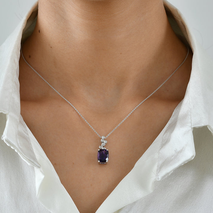 Luxuriant - Natural Moroccan Amethyst &amp; Lab Grown Diamond (SI/G-H) Pendant with Chain (Size 20) in Rhodium Overlay Sterling Silver 3.06 Ct. 4492384 2