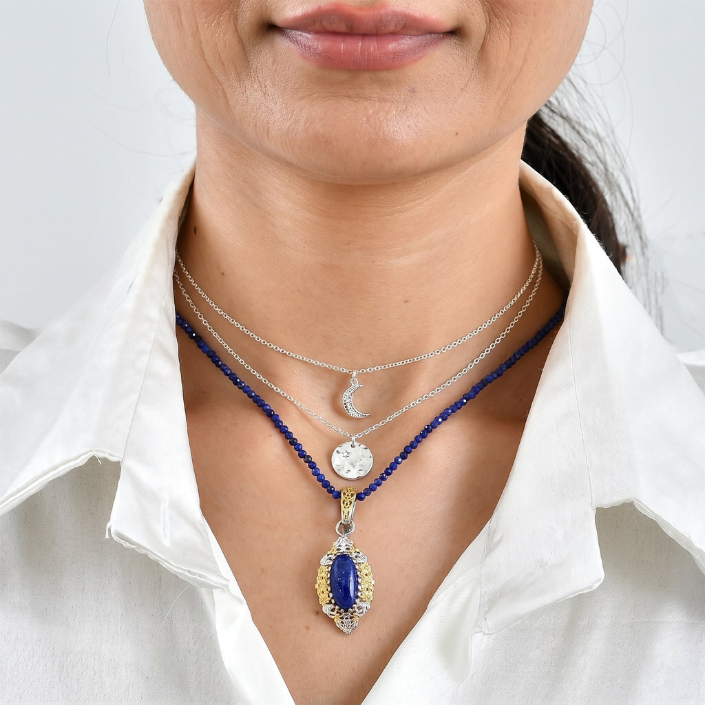 Lapis Lazuli Pendant with Beads Chain (Size 20) Pure Yellow Brass  70.00ct  76.600  Ct._4492576_2