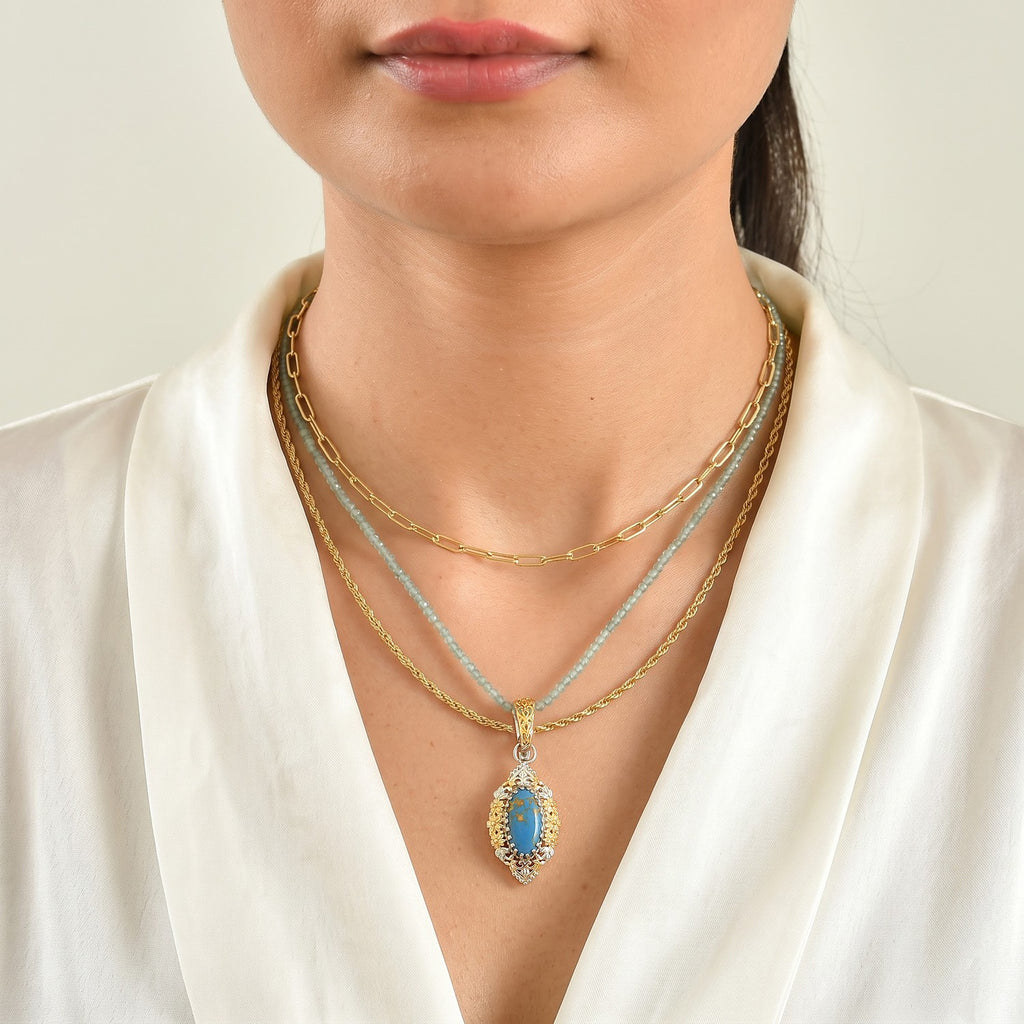 Blue Mojave Turquoise  Apatite Pendant with Beads Chain (Size 20) Pure Yellow Brass  70.00ct  74.480  Ct._4492589_2