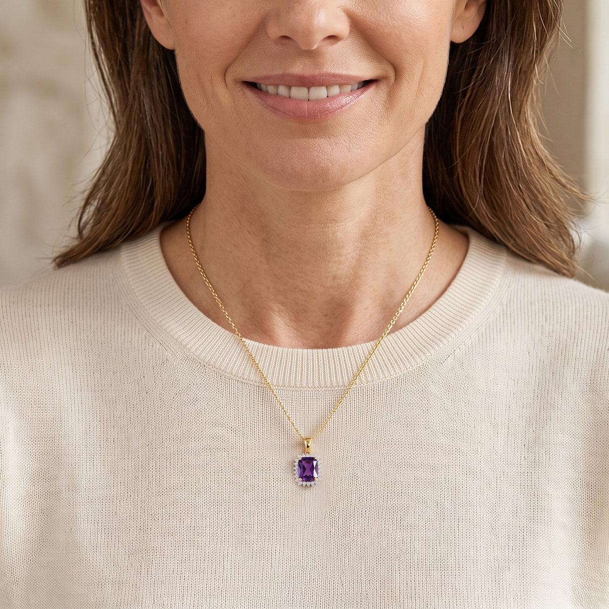 Luxuriant - Natural Moroccan Amethyst &amp; Lab Grown Diamond (SI/G-H) Halo Pendant with Chain (Size 20) in 18K Vermeil Yellow Gold Plated Sterling Silver 3.40 Ct. 4492837 2