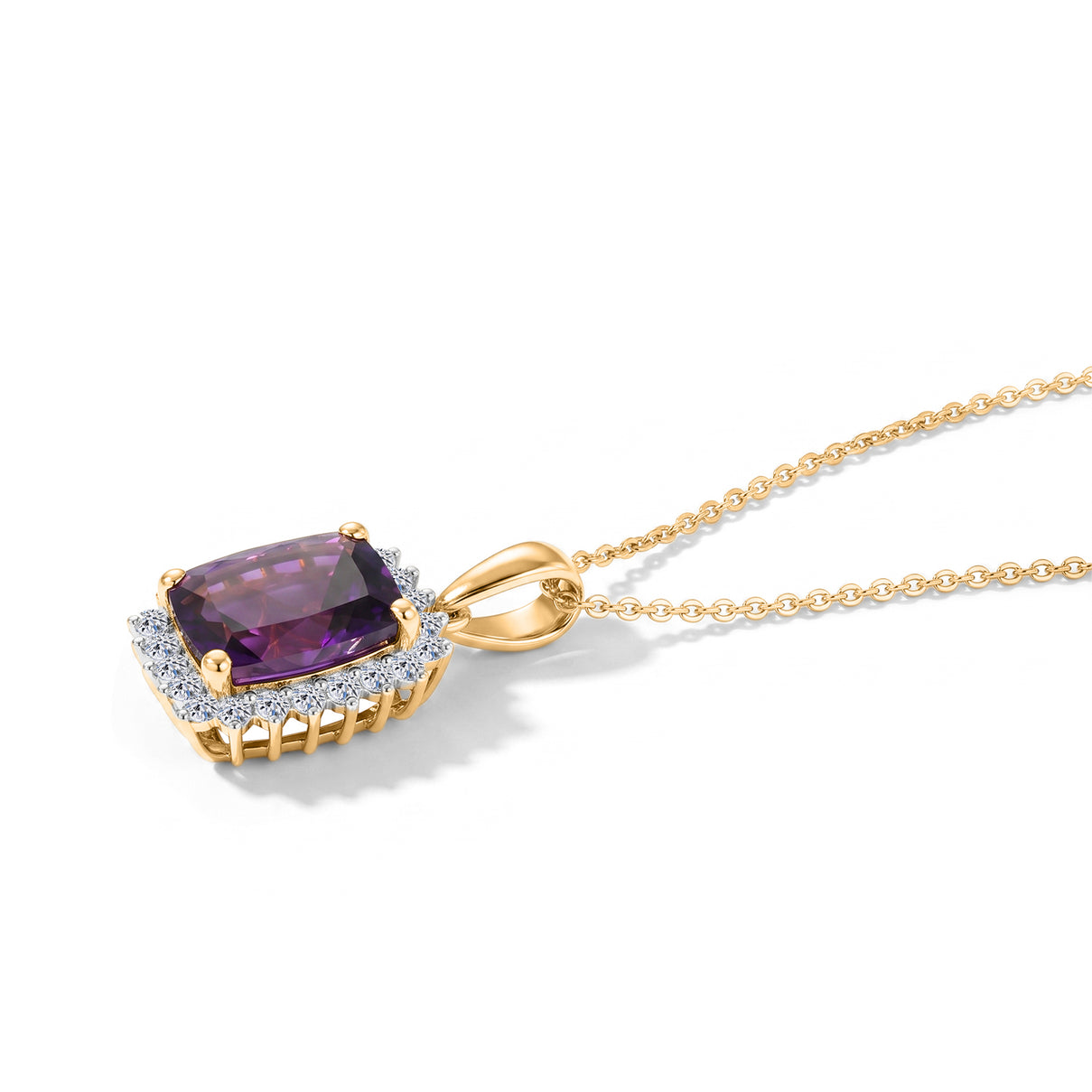 Luxuriant - Natural Moroccan Amethyst &amp; Lab Grown Diamond (SI/G-H) Halo Pendant with Chain (Size 20) in 18K Vermeil Yellow Gold Plated Sterling Silver 3.40 Ct. 4492837 4