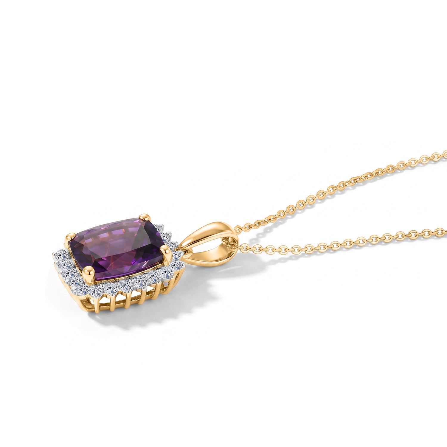 Luxuriant - Natural Moroccan Amethyst &amp; Lab Grown Diamond (SI/G-H) Halo Pendant with Chain (Size 20) in 18K Vermeil Yellow Gold Plated Sterling Silver 3.40 Ct. 4492837 4