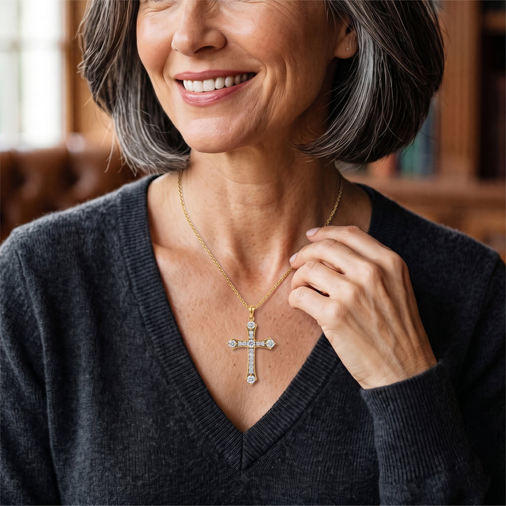 D'Joy - Moissanite Cross Pendant with Chain (Size 20) in Yellow Gold Plated Sterling Silver 1.56 Ct. 4494072 2
