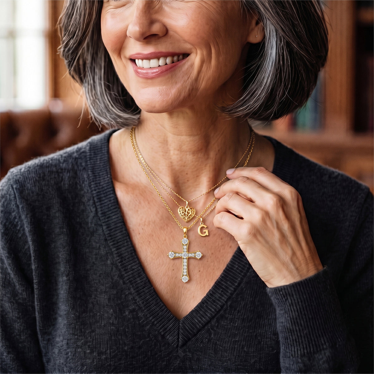 D'Joy - Moissanite Cross Pendant with Chain (Size 20) in Yellow Gold Plated Sterling Silver 1.56 Ct. 4494072 3