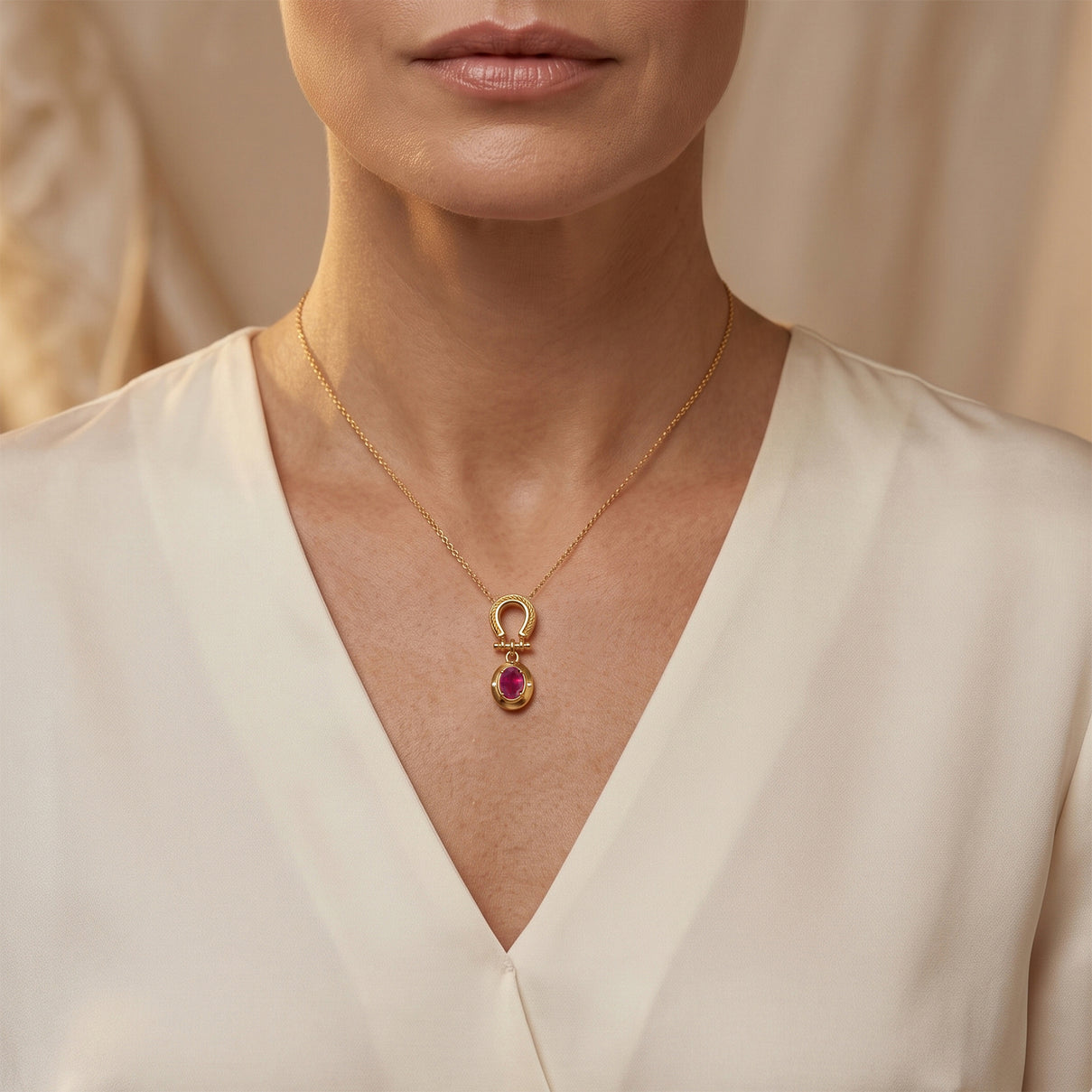 D'Joy - African Ruby &amp; White Zircon Pendant with Chain (Size 20) in Yellow Gold Plated Sterling Silver 1.20 Ct. 4494552 1