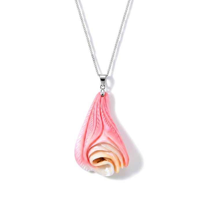 Pink Conch Shell Flower Inspired Drop Pendant with Chain (Size 18) in Rhodium Overlay Sterling Silver 4496859 1