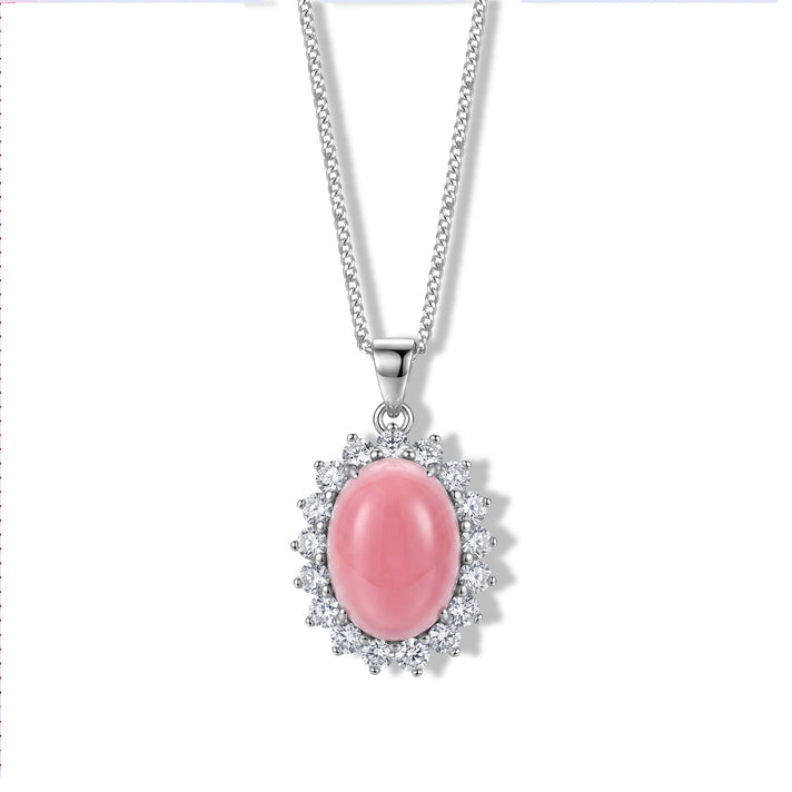 D'Joy - Pink Conch Shell &amp; Lab Grown Diamond Halo Pendant with Chain (Size 18) &amp; Lobster Clasp in Rhodium Overlay Sterling Silver 4496943 1