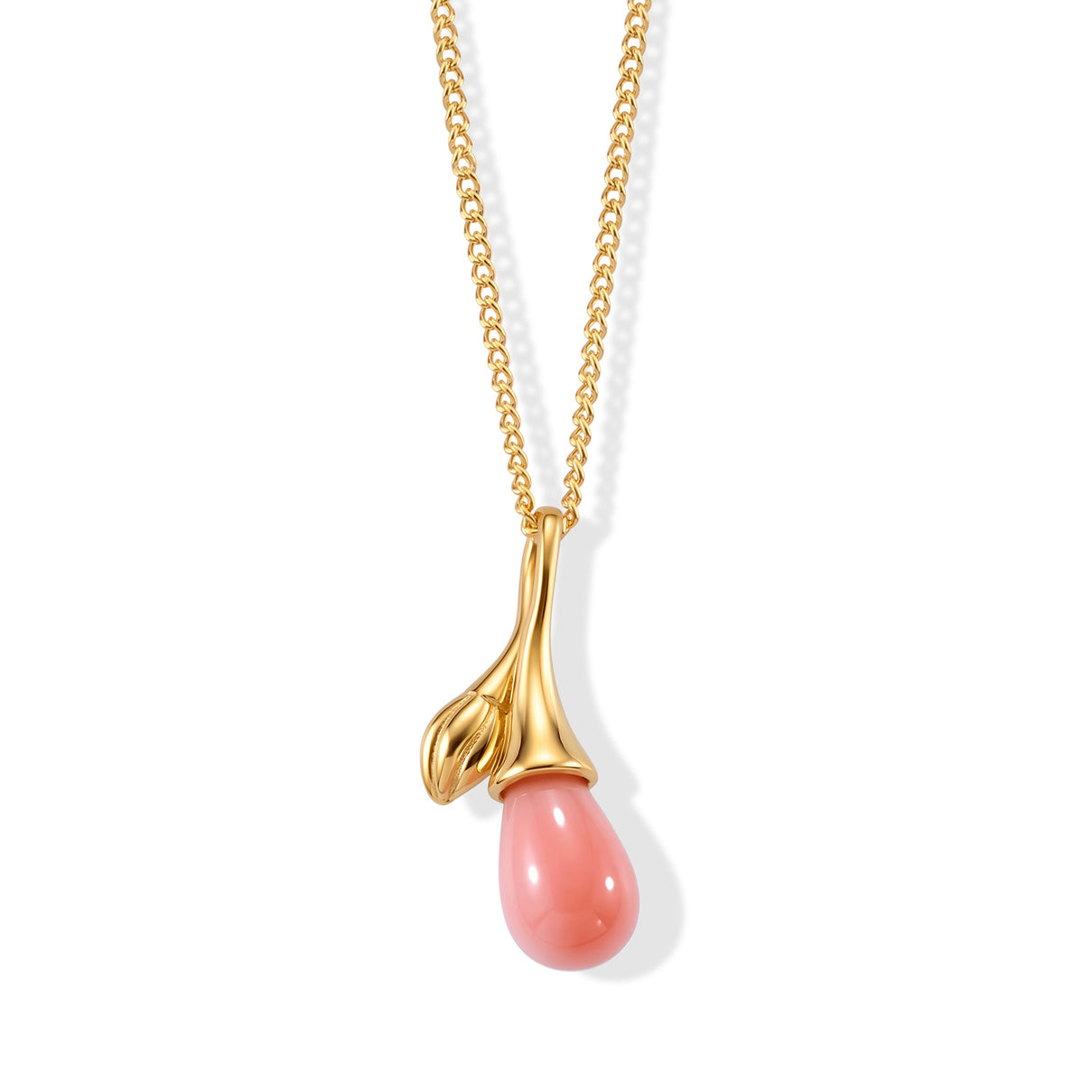 Pink Conch Shell Flower Bud Inspired Drop Pendant with Chain (Size 18) in Rhodium Overlay Sterling Silver 4497012 0
