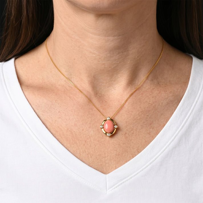 D'Joy - Pink Conch Shell &amp; Moissanite Vintage Pendant with Chain (Size 18) &amp; Lobster Clasp in Yellow Gold Plated Sterling Silver 4497019 2
