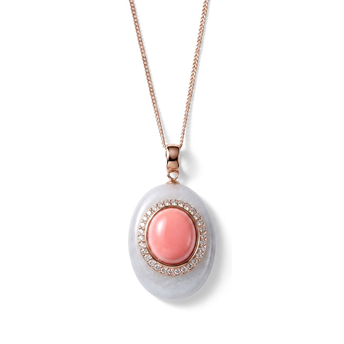 D'Joy - Pink Conch Shell, White Jade &amp; Moissanite Halo Drop Pendant with Chain (Size 18) &amp; Lobster Clasp in Rose Gold Plated Sterling Silver 4497029 0
