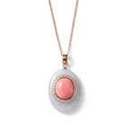 Pink Conch Shell, White Jade & Moissanite Halo Drop Pendant with Chain (Size 18) in Rose Gold Plated Sterling Silver_4497029