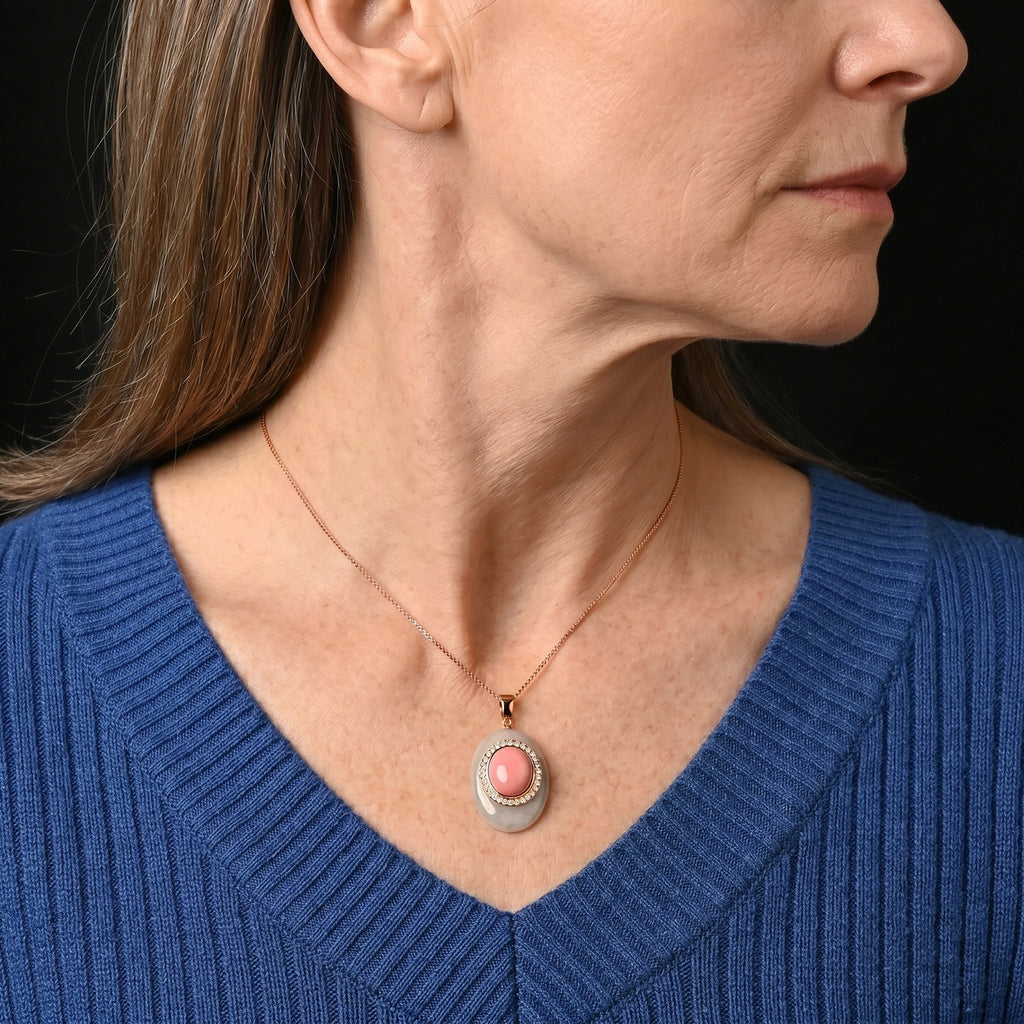 Pink Conch Shell, White Jade & Moissanite Halo Drop Pendant with Chain (Size 18) in Rose Gold Plated Sterling Silver_4497029_1