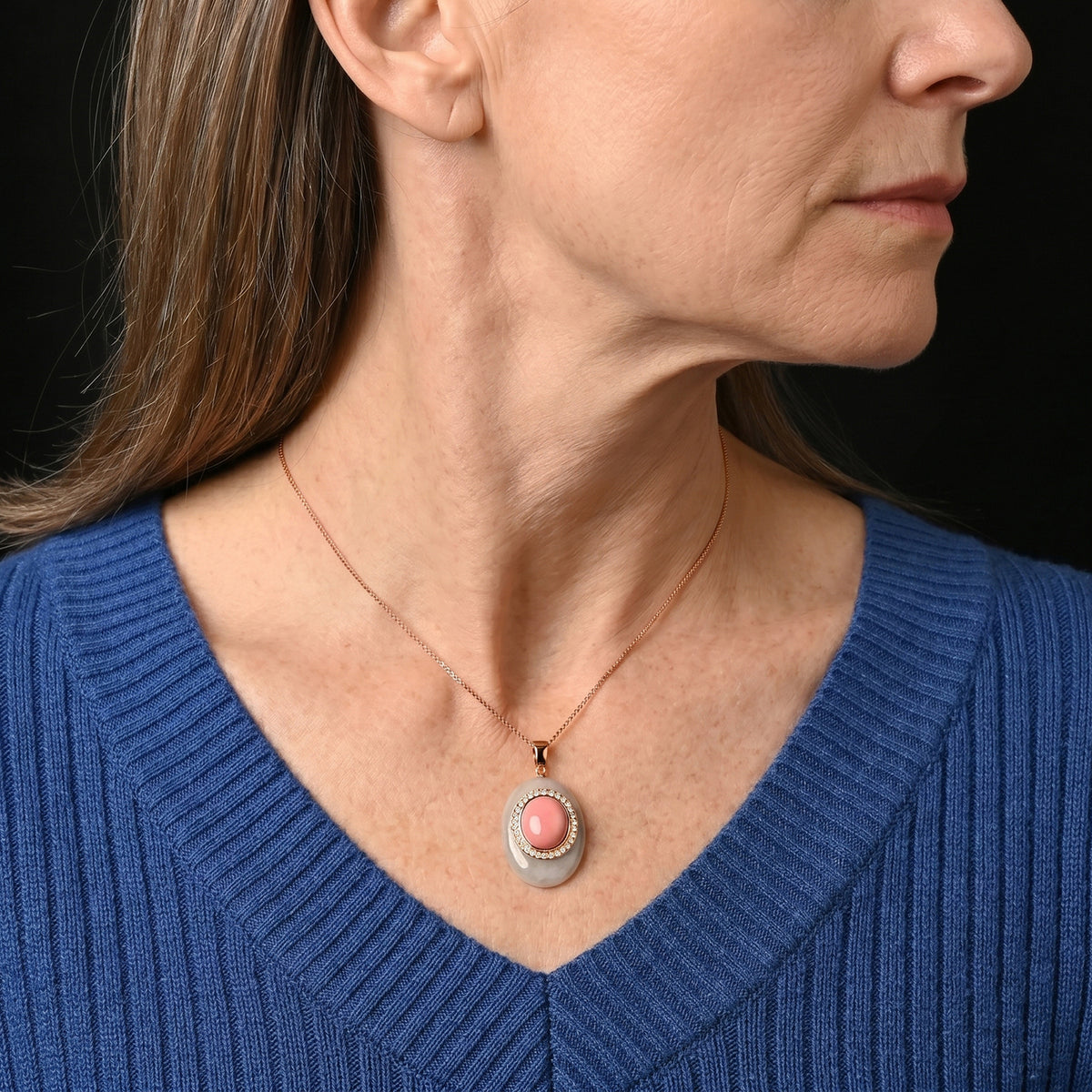D'Joy - Pink Conch Shell, White Jade &amp; Moissanite Halo Drop Pendant with Chain (Size 18) &amp; Lobster Clasp in Rose Gold Plated Sterling Silver 4497029 2