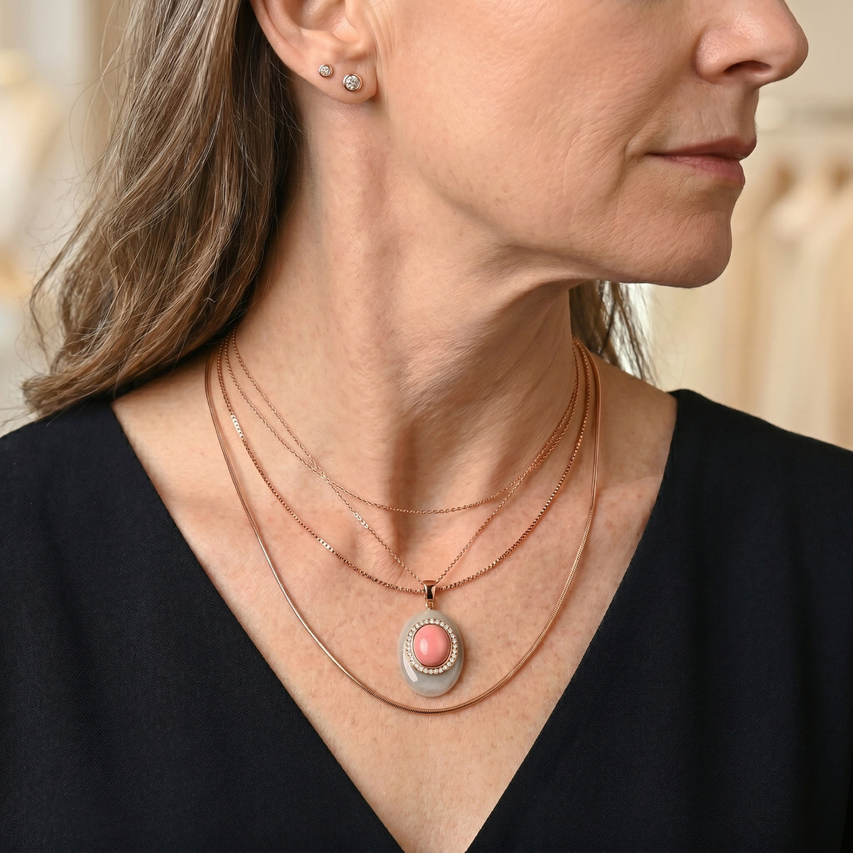 D'Joy - Pink Conch Shell, White Jade &amp; Moissanite Halo Drop Pendant with Chain (Size 18) &amp; Lobster Clasp in Rose Gold Plated Sterling Silver 4497029 3