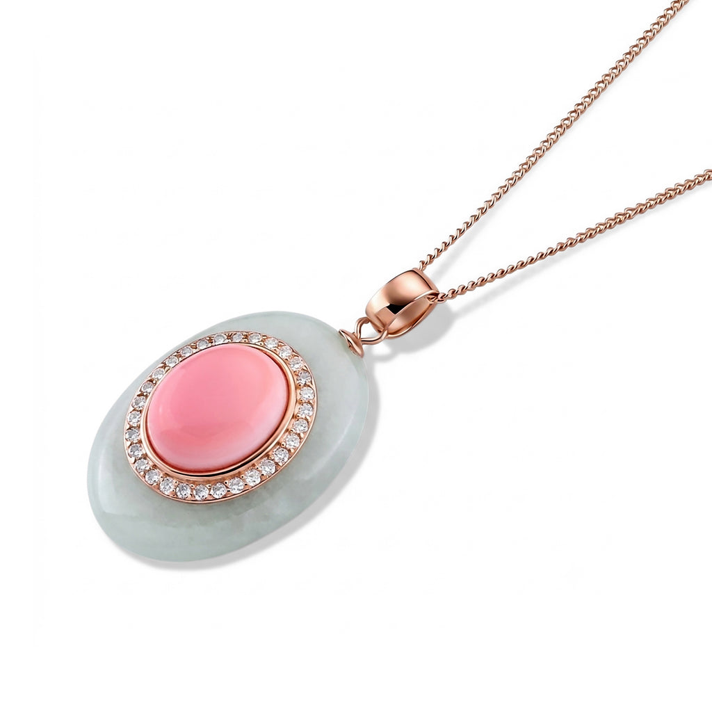 Pink Conch Shell, White Jade & Moissanite Halo Drop Pendant with Chain (Size 18) in Rose Gold Plated Sterling Silver_4497029_3
