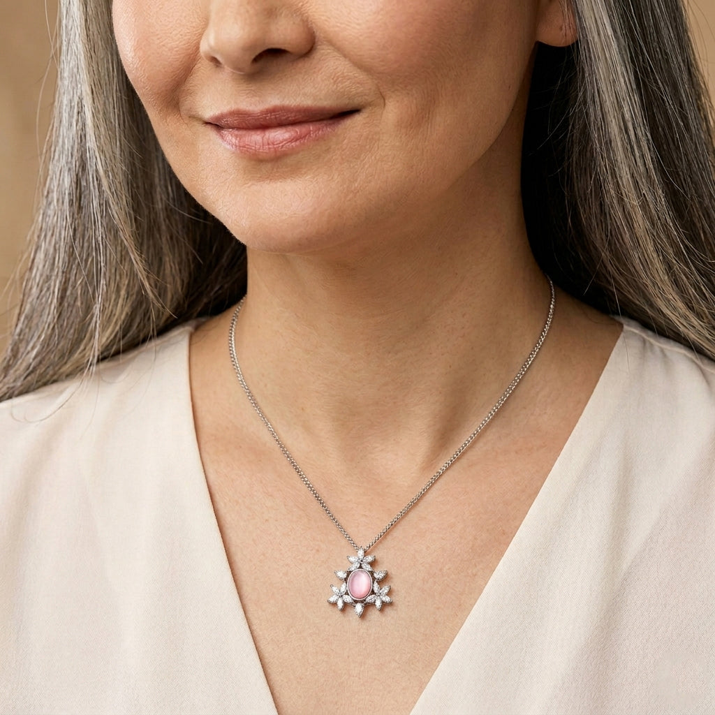 D'Joy - Pink Conch Shell &amp; Moissanite Floral Inspired Pendant with Chain (Size 18) &amp; Lobster Clasp in Rhodium Overlay Sterling Silver 4497030 2