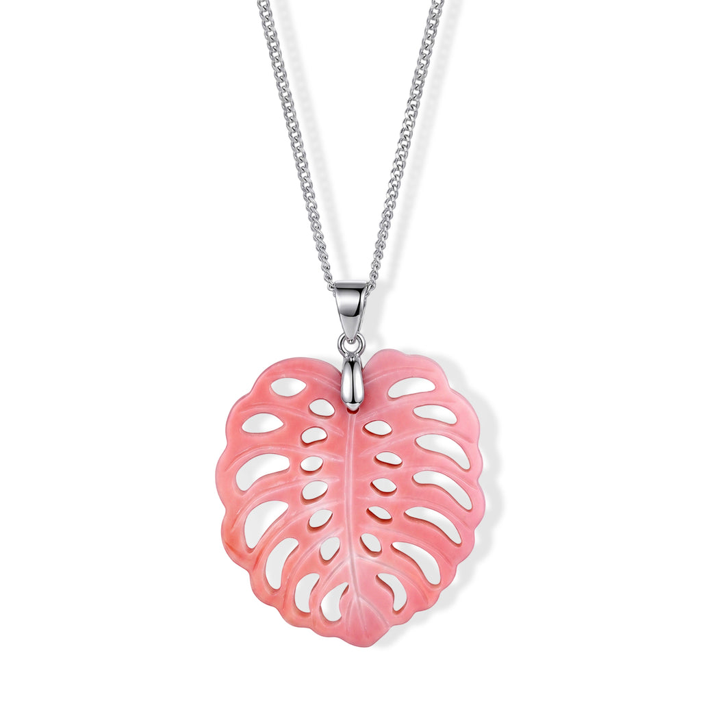 Pink Conch Shell Leaf Carving Pendant with Chain (Size 18) in Rhodium Overlay Sterling Silver_4497032