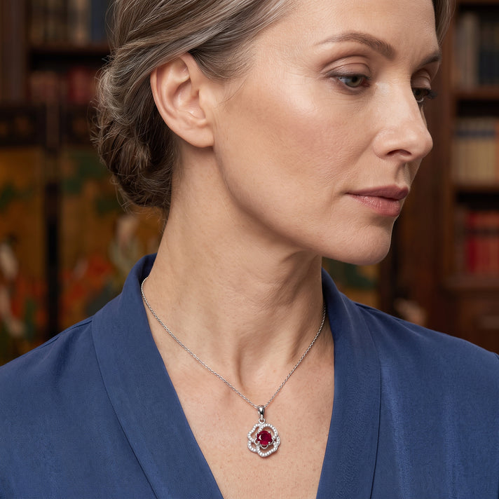 D'Joy - African Ruby &amp; White Zircon Floral Pendant with Chain (Size 20) in Rhodium Overlay Sterling Silver 1.70 Ct. 4497184 2