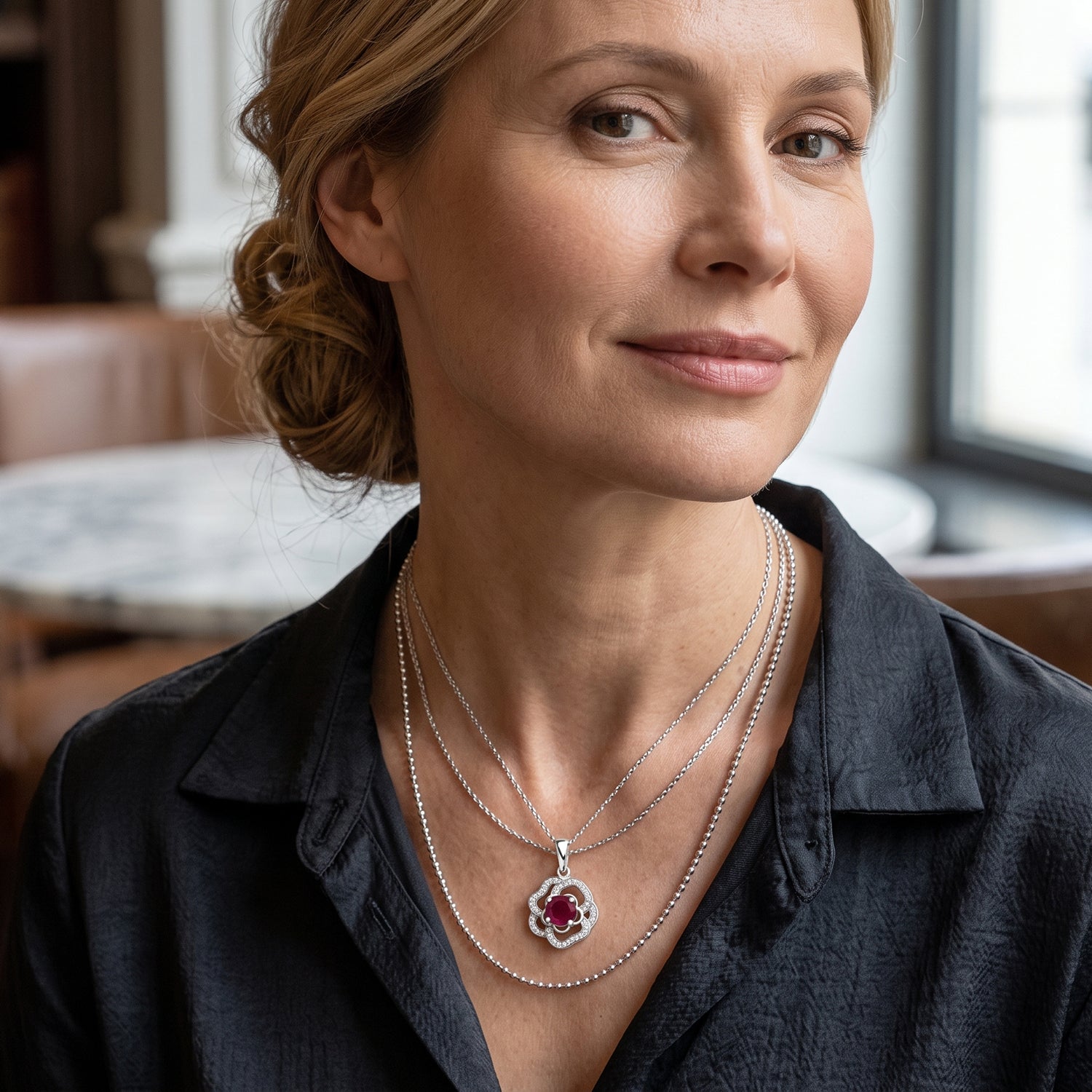 D'Joy - African Ruby &amp; White Zircon Floral Pendant with Chain (Size 20) in Rhodium Overlay Sterling Silver 1.70 Ct. 4497184 2