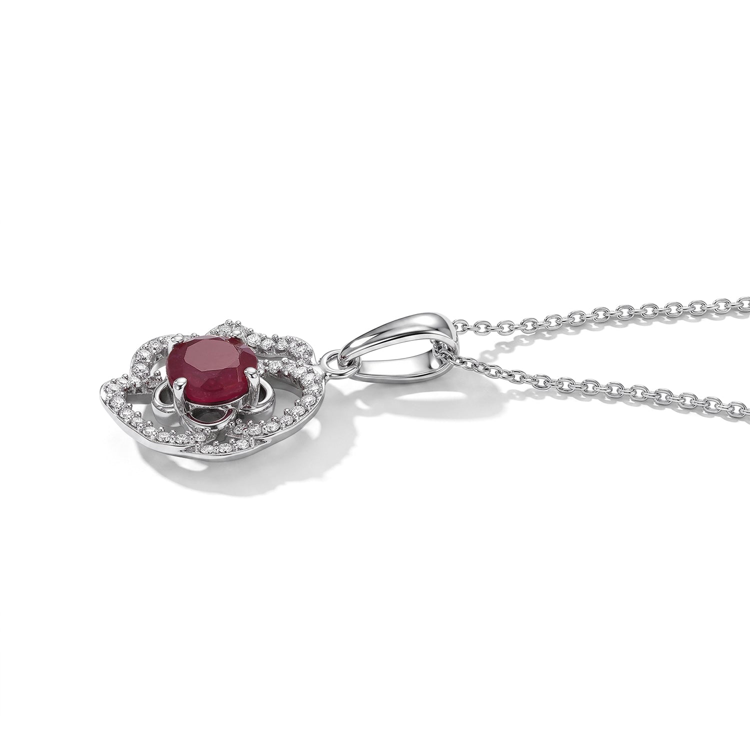 D'Joy - African Ruby &amp; White Zircon Floral Pendant with Chain (Size 20) in Rhodium Overlay Sterling Silver 1.70 Ct. 4497184 3