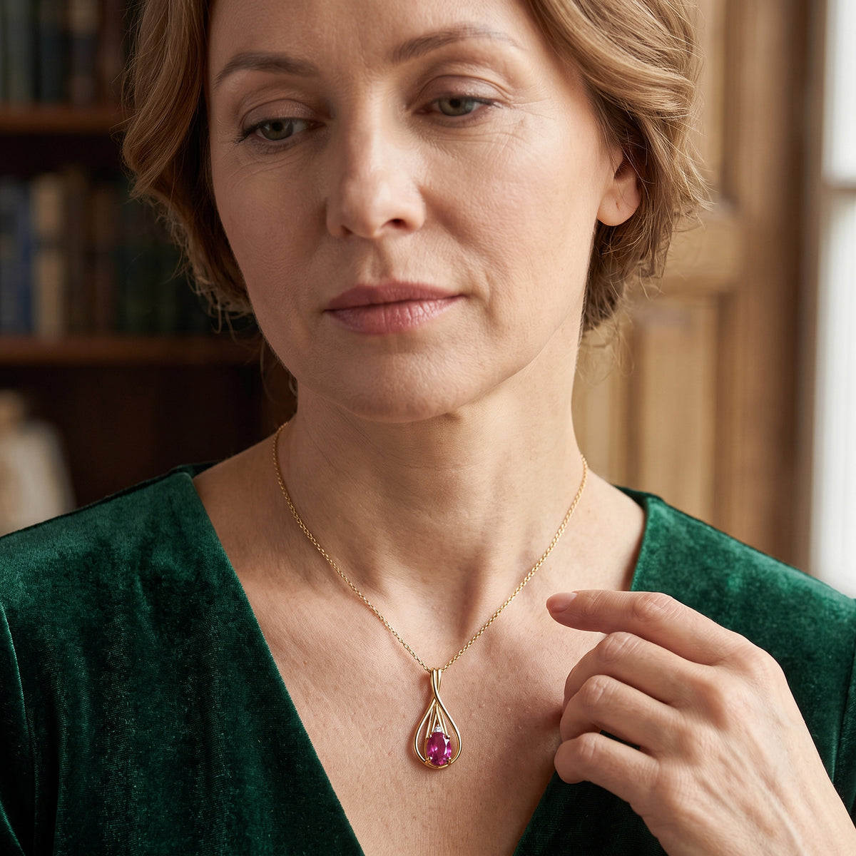 D'Joy - African Ruby &amp; White Zircon Drop Pendant with Chain (Size 20) in Yellow Gold Plated Sterling Silver 1.24 Ct. V32514662 2