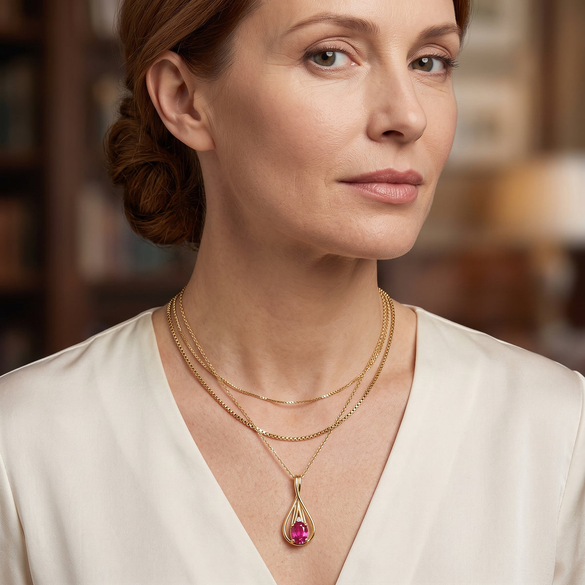 D'Joy - African Ruby &amp; White Zircon Drop Pendant with Chain (Size 20) in Yellow Gold Plated Sterling Silver 1.24 Ct. V32514662 3