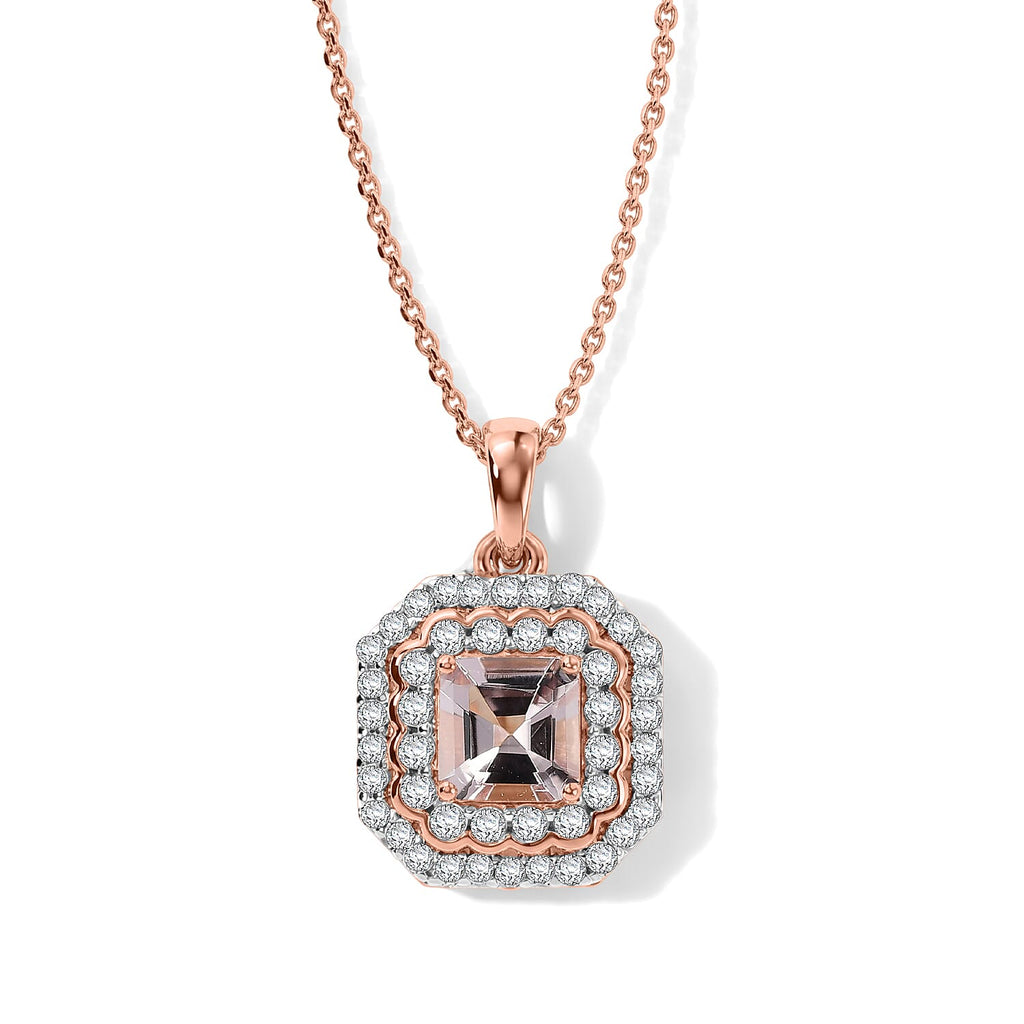 D'Joy - Pink Morganite & Moissanite Halo Pendant with Chain (Size 18) in 18K Vermeil Rose Gold Plated Sterling Silver 1.30 Ct._4497222