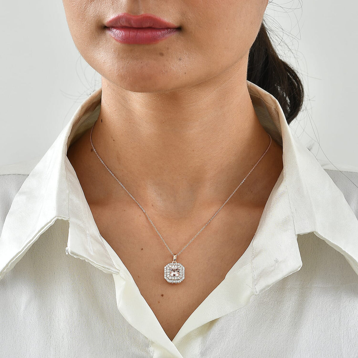D'Joy - Pink Morganite &amp; Moissanite Halo Pendant with Chain (Size 18) in 18K Vermeil Rose Gold Plated Sterling Silver 1.30 Ct. 4497222 1