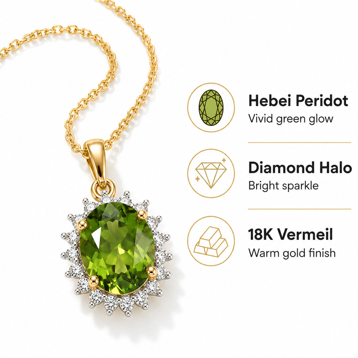 Luxuriant - Natural Premium Hebei Peridot &amp; Lab Grown Diamond (SI/G-H) Halo Pendant with Chain (Size 20) in 18K Vermeil Yellow Gold Plated Sterling Silver 3.05 Ct. V32605893 5