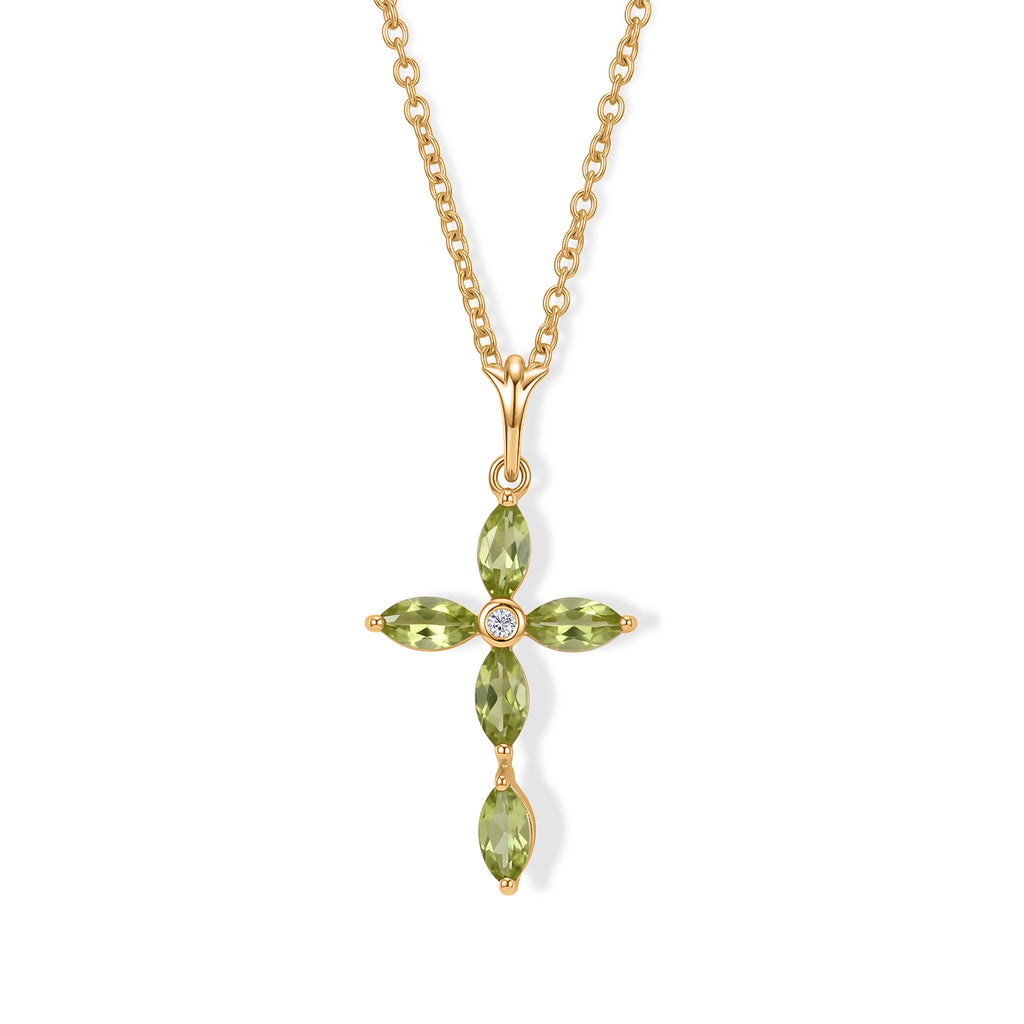 D'Joy - Natural Hebei Peridot & White Zircon Cross Pendant in Yellow Gold Plated Sterling Silver with Chain (Size 20) 1.26 Ct._4498391