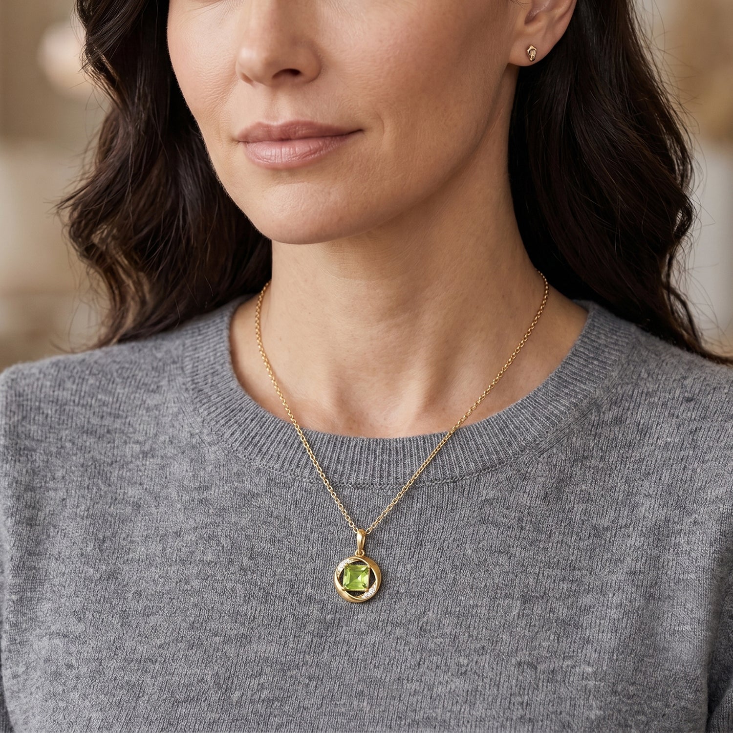 D'Joy - Natural Hebei Peridot &amp; White Zircon Pendant in Yellow Gold Plated Sterling Silver with Chain (Size 20) 1.30 Ct. V32527261 2