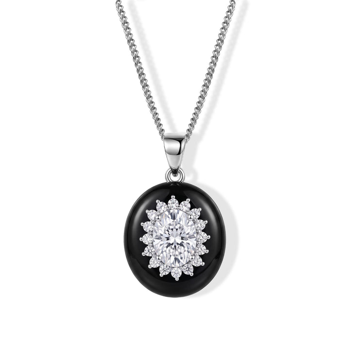 D'Joy - Black Jad &amp; Moissanite Floral Design Pendant with Chain (Size 18) in Rhodium Overlay Sterling Silver 8.10 Ct. 4498471 1