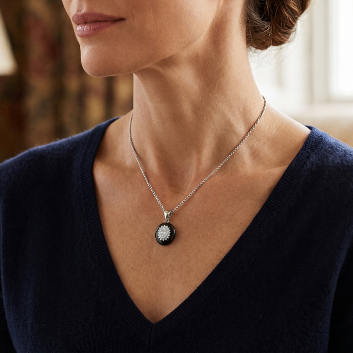 D'Joy - Black Jad &amp; Moissanite Floral Design Pendant with Chain (Size 18) in Rhodium Overlay Sterling Silver 8.10 Ct. 4498471 2