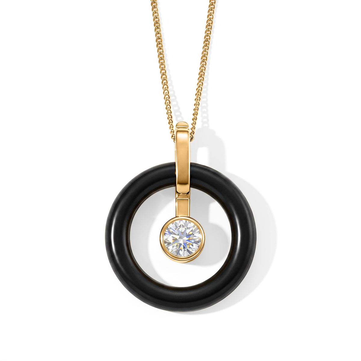 D'Joy - Moissanite &amp; Dyed Black Jade Circular Pendant with Chain (Size 18) with Lobster Clasp in Yellow Gold Plated Sterling Silver 14.26 Ct. 4498476 0